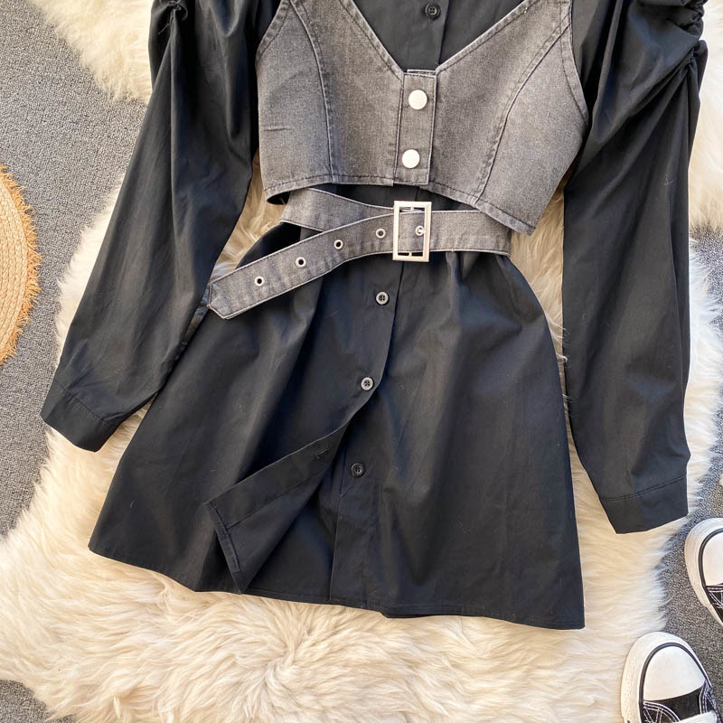 Nomikuma Korean Women 2pieces Sets Puff Sleeve Blouse Shirt + Buttons Belt Slim Waist Short Jeans Vest Spring Tops 6E616 210427