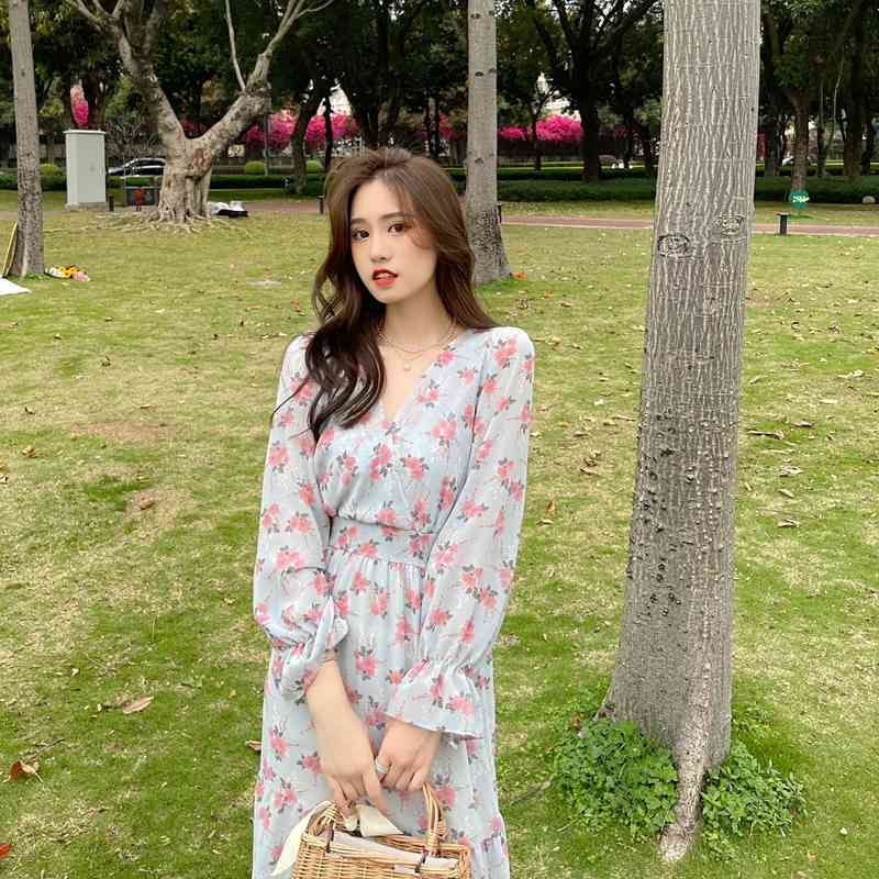 Women's Chiffon Dress Female Vintage Floral Printed Long Sleeve Spring Autumn V-Neck High Waist Slim Midi Dress Vestidos 210518
