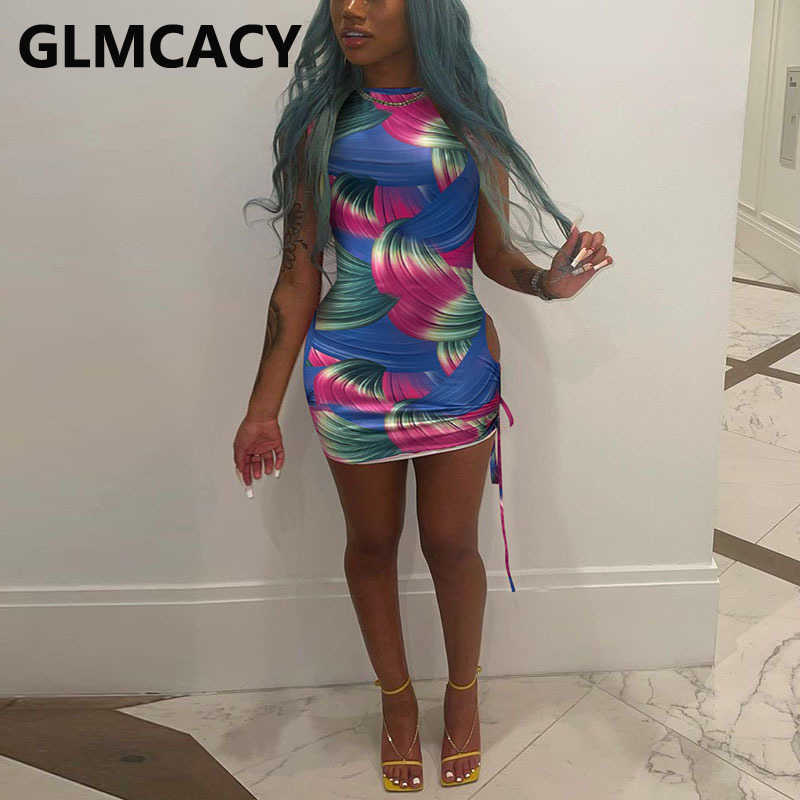 4 Colors Women Printed Sleeveless Bodycon Pleated Mini Dress 210702