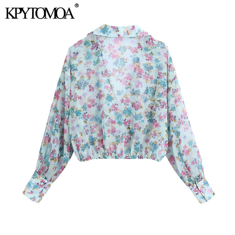Women Fashion Semi-sheer Floral Print Cropped Blouses Long Sleeve Elastic Hem Female Shirts Chic Tops 210420