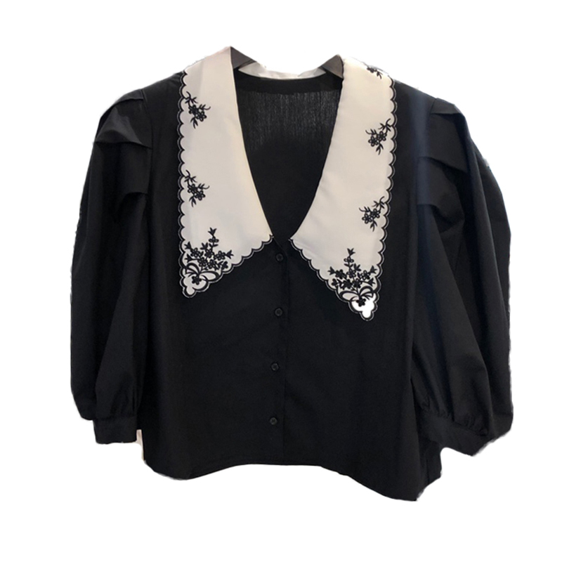 Floral Embroidery Peter Pan Collar Blouse Women Summer Puff Sleeve Shirt Single Breasted Female Clothing Blusas 14172 210508