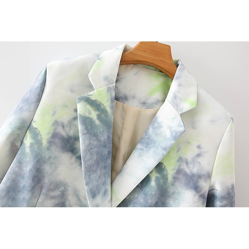 elegant women tie-dye blazer office ladies grey print jackets casual female double breasted suits chic sets 210430