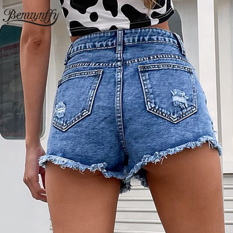 Summer Casual Ripped Denim Shorts Women Fashion Button Fly Female High Waist Hole Straight Jean 210510