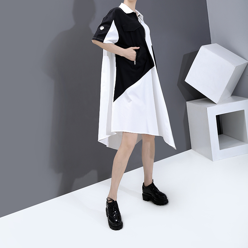 New Unique Style Women Summer Tide Shirt Dress Zipper & Pocket Patchwork Plus Size Lady Loose Fit Midi Casual Dresses 6255 210409