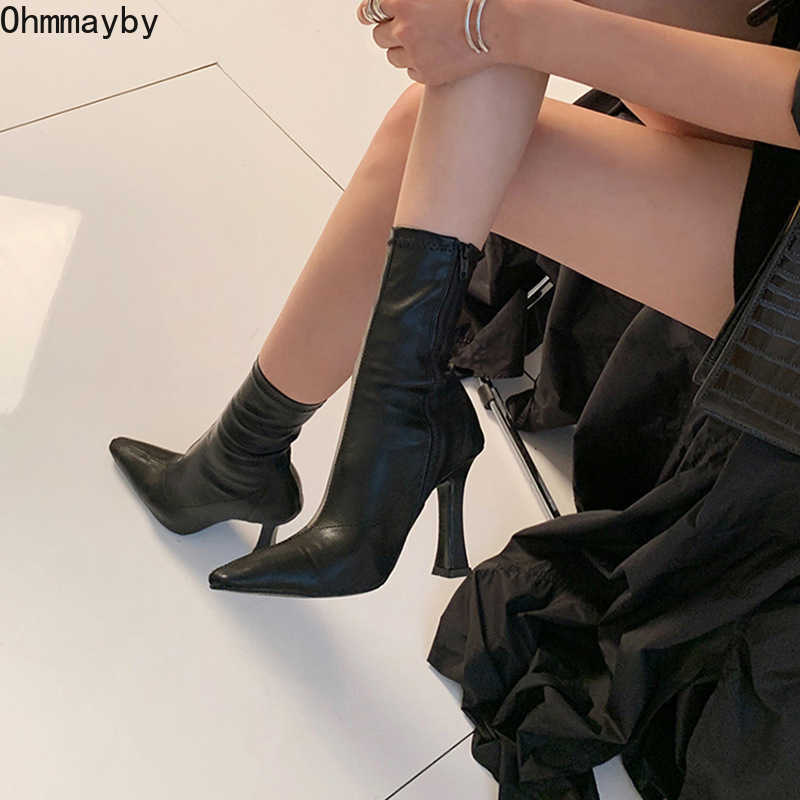 Black Women Ankle Boots Woman Thin High Heel Fashion Pointed Toe Zipper Winter Women's Shoes 2021 Leather White Short Booties Y0914