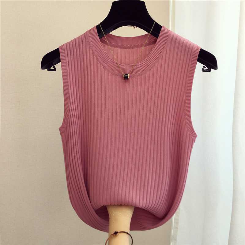 Ice Silk Knitted Vests Women Top O-neck Solid Tank Summer Fashion Female Sleeveless Casual Thin Tops White Black Tops 13687 210528wtt