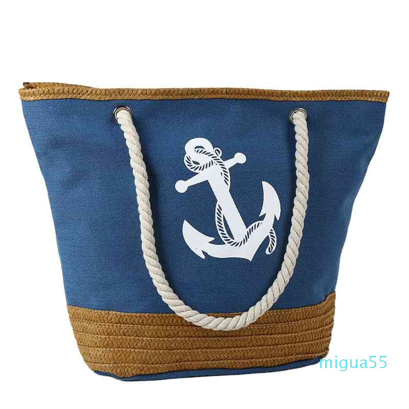 Women Tote Canvas Shoulder Anchor Summer Handbag Top Handle Straw Beach Bag, Blue