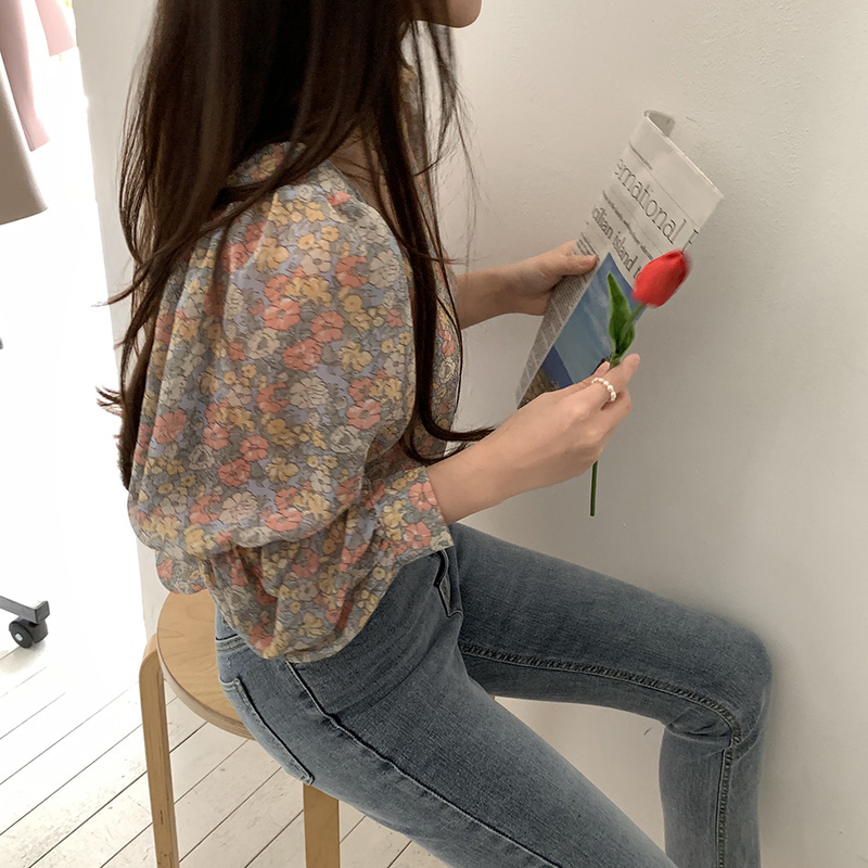 Streetwear Printed Chiffon Blouse Women Shirts Long Sleeve Tops Vintage Floral Loose Office Lady Blouses Blusas 10113 210506
