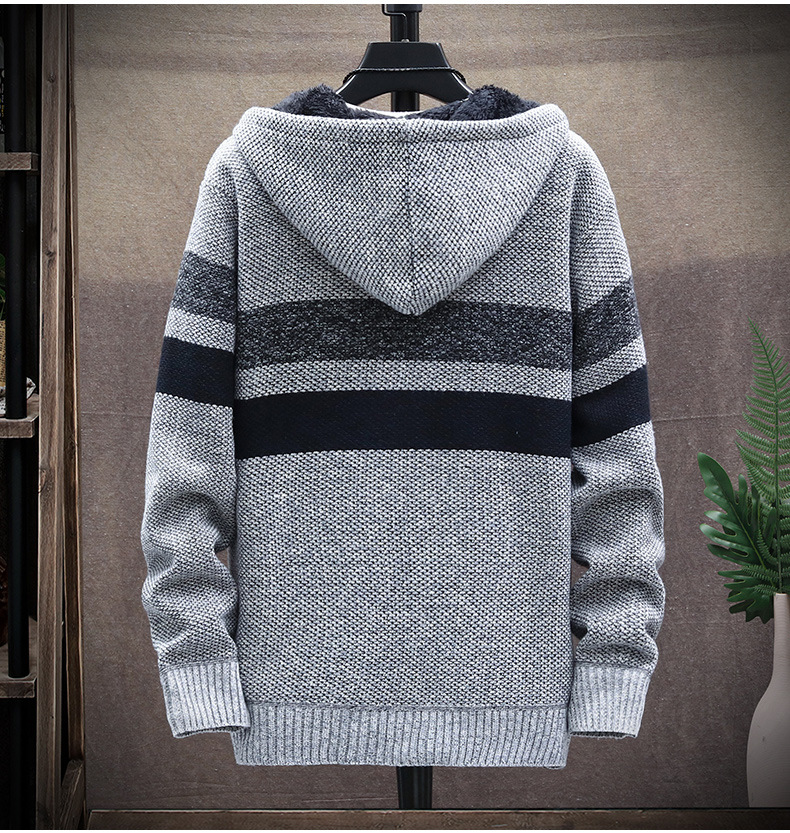 5 Colors Mens Sweaters Winter Cardigan Sweater Coats Thick Hooded Men Striped Clothes Plus Velvet7246586