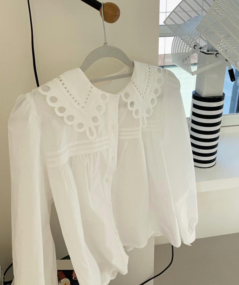 Spring Vintage Embroidery Turn Down Collar Elegant Blouse Women Single-Breasted Puff Long Sleeve Work OL Style Blusas Top 210519