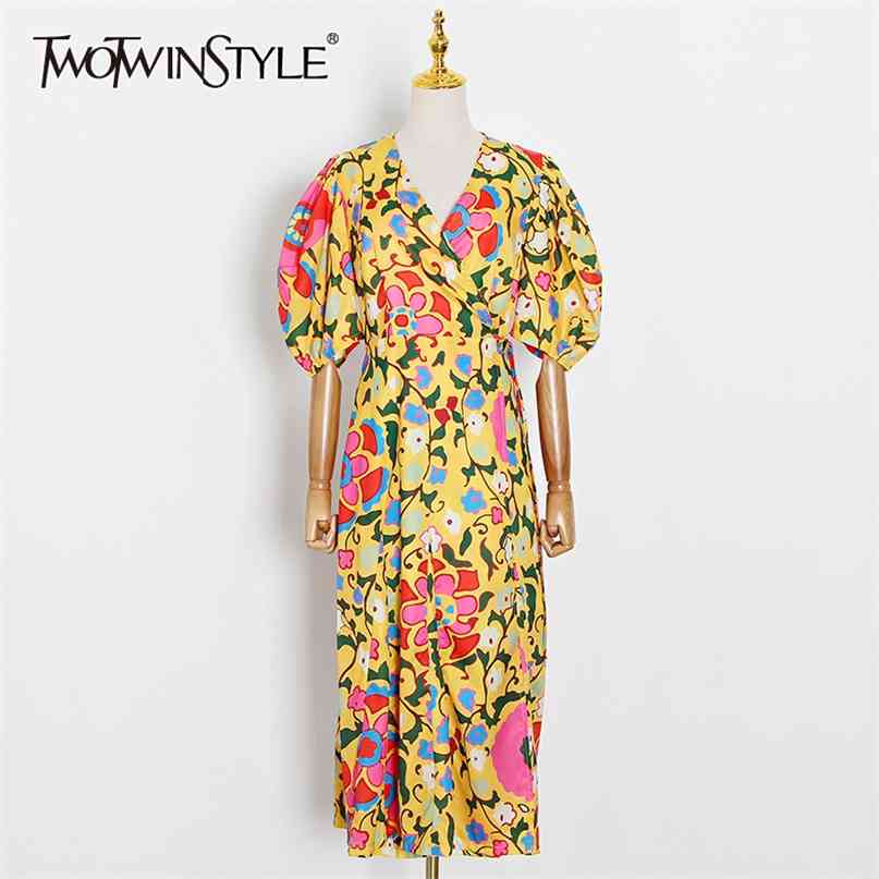 Print Hit Color Female's Dress V Neck Puff Sleeve High Waist Lace Up Midi Elegant Dresses Women Summer Clothes 210520, As picture
Print Hit Color Female's Dress V Neck Puff Sleeve High Waist Lace Up Midi Elegant Dresses Women Summer Clothes 210520, As picture