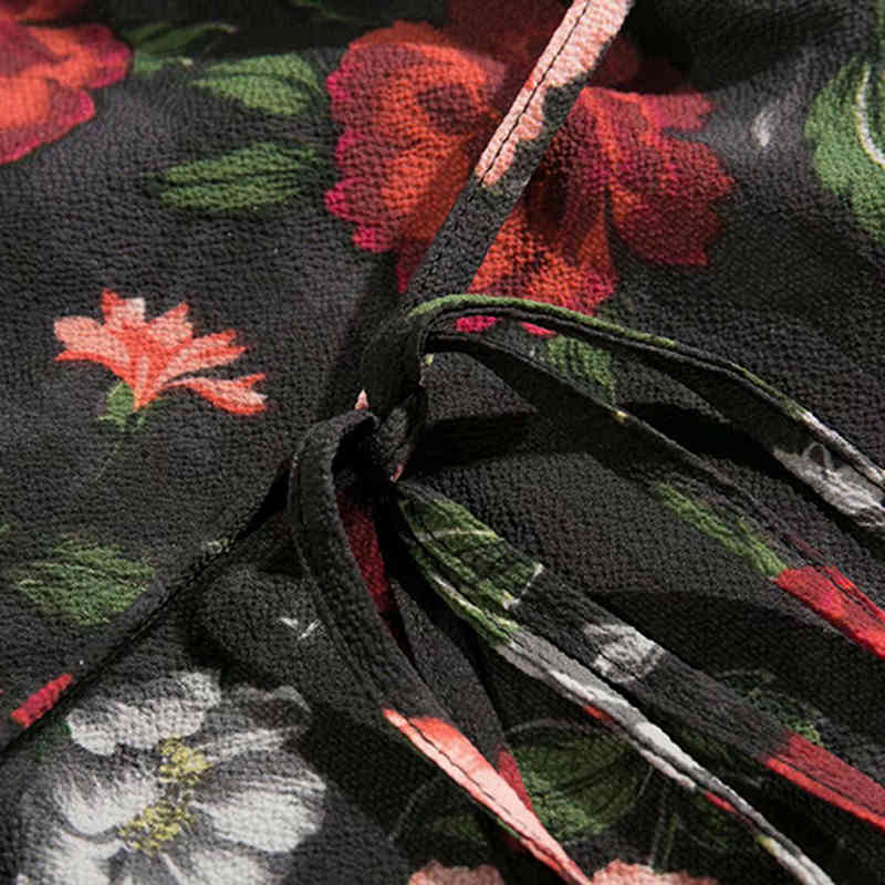 Boho Style Floral Print Knee Length Dress V Neck Bandage Elegant Dress Women Short Sleeve Buttons Summer Sundresses Ropa Mujer 210414