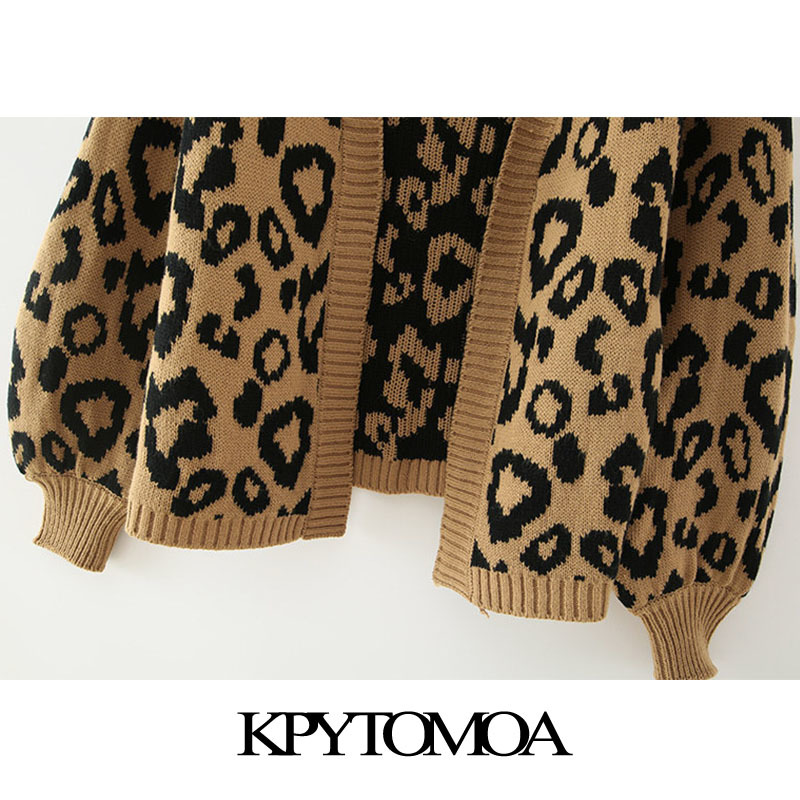 Women Fashion Leopard Pattern Loose Knitted Cardigan Sweater Lantern Sleeve Female Outerwear Chic Tops 210420