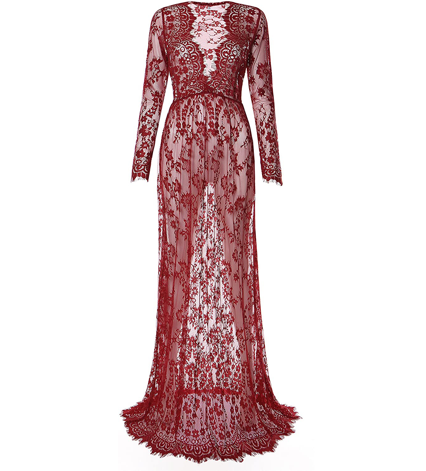 Wine red Maternity Sleepwear Lace Applique V Neck long sleeve Skirts for Photoshoot Boudoir Lingerie Bathrobe Nightwear