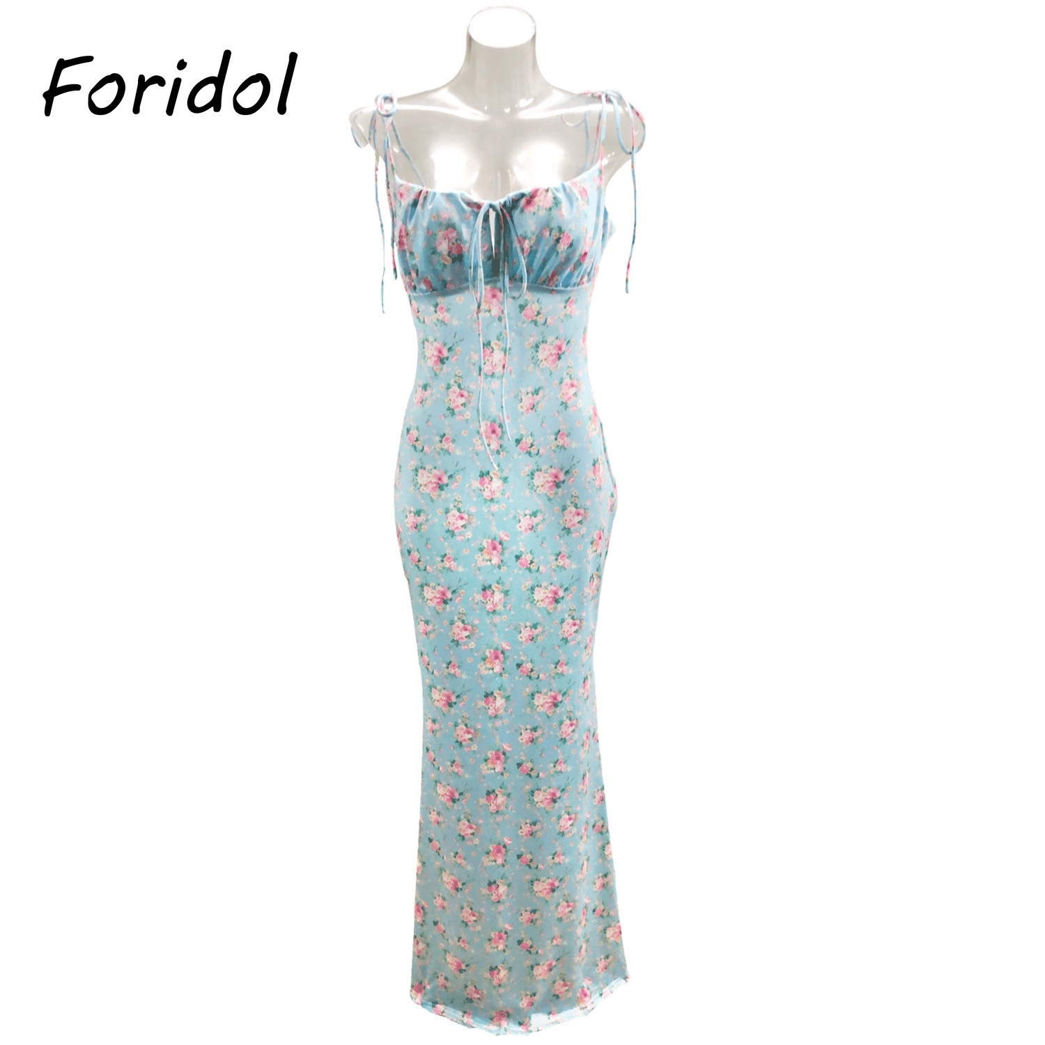 Foridol Floral Print Summer Dress Strap Lace Up Sleeveless Blue Long Beach Boho Bodycon Pary French 210415
