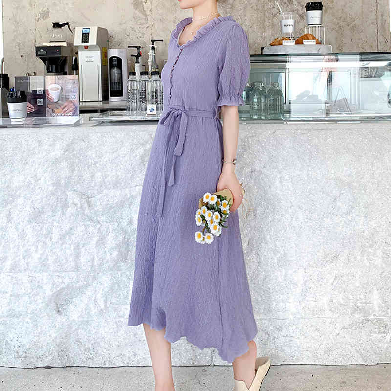 Dress Women's Solid A Line Summer Medium-Length es Purple Vestidos Vintage Puff Short Sleeve Midi Women 9828 210508