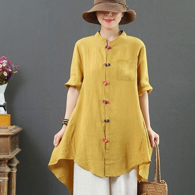 National Style Summer Women Shirt Plus Size Short Sleeve Loose Colours Button Long Linen Tops Vintage Femme Blouses D14 210512