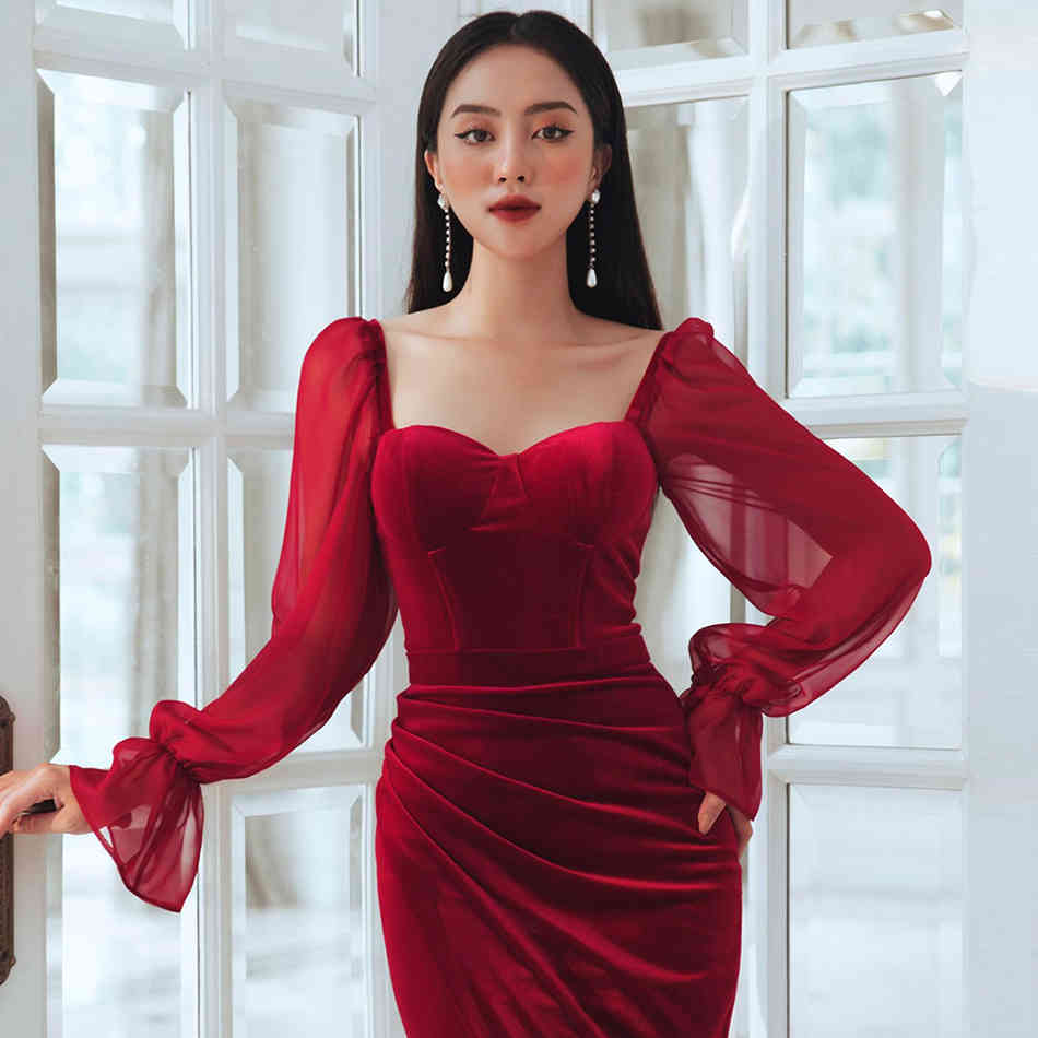 Summer Women Red Lace Fashion Midi Dress Sexy Long Sleeve Velvet Club Celebrity Evening Runway Party Lady 210423