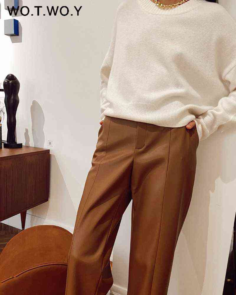 WOTWOY Elegant Spliced PU Leather Pant High Waist Office Lady Fomal Trousers Female Black Straight with Pockets 211124Z