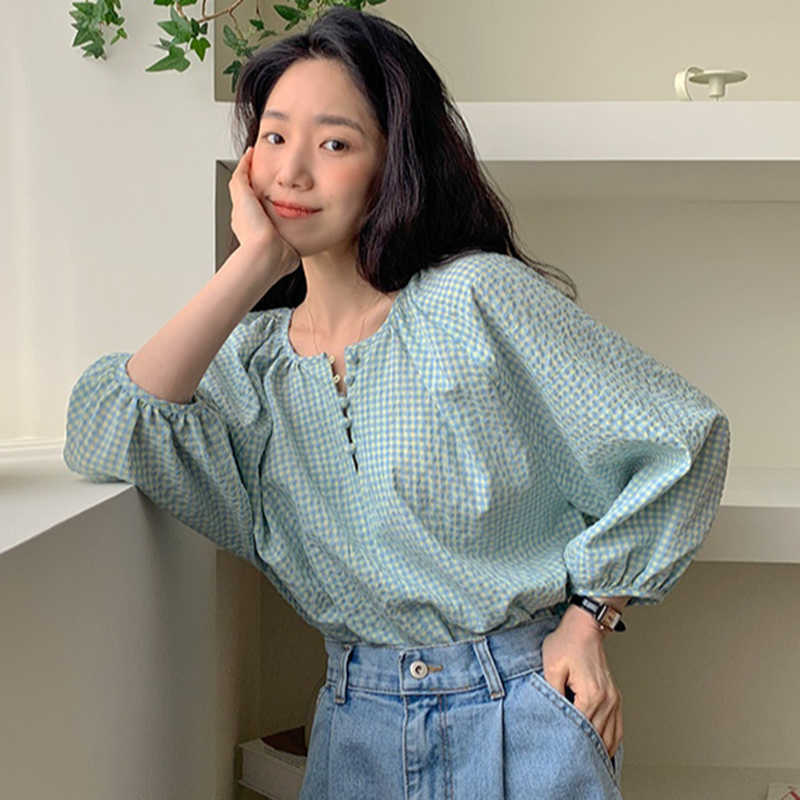 Korejpaa Women Shirt Summer Korean Age-Reducing Fresh Round Neck Small Breasted Loose Versatile Puff Sleeve Plaid Blouses 210526