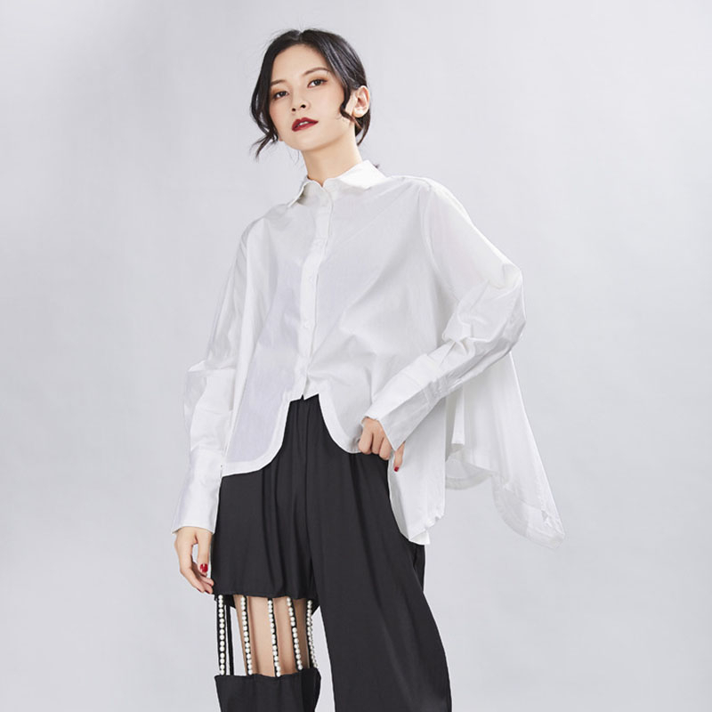 Women Pleated Big Size Irregular Blouse Lapel Long Sleeve Loose Fit Shirt Fashion Spring Autumn 210524