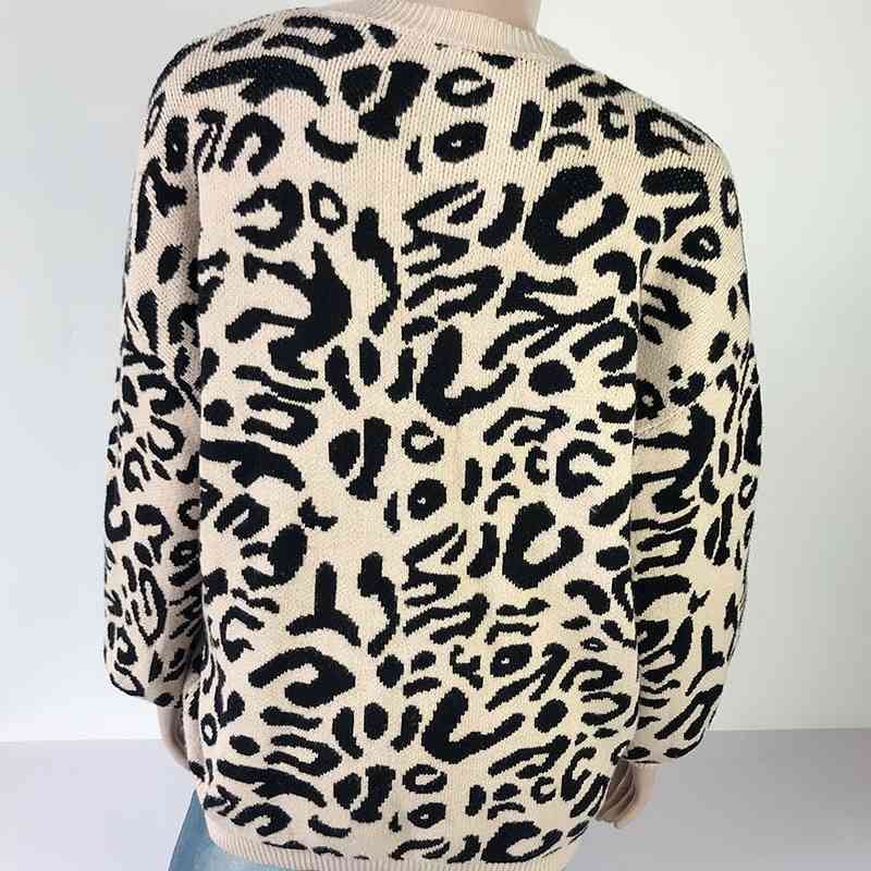 Qooth Leopard Sweater Women Pullover Knitted Sweaters Winter Fashion Long Sleeve Casual Loose Jumpers QH1941 210609