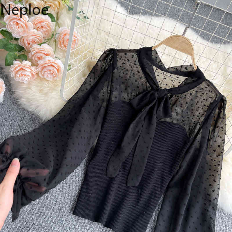 Neploe Women Clothing Patchwork Puff Sleeve Bow White Shirt Korean Fashion Polka Dot Blouses See Through Chiffon Blouse 4h736 210422