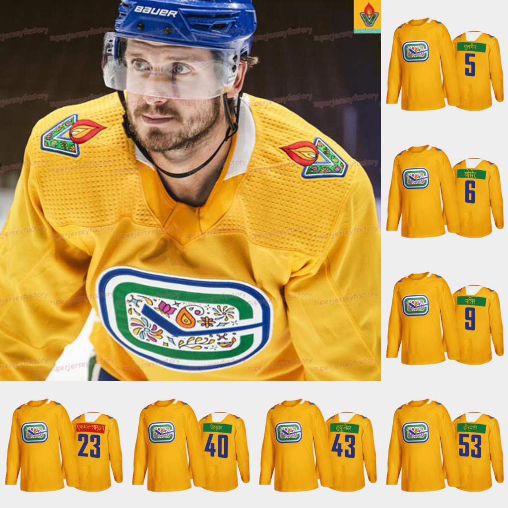 Vancouver Canucks Diwali Night Yellow Jersey Elias Pettersson Oliver Ekman-Larsson Quinn Hughes Luke Schenn Bo Horvat Tucker Poolman Brock Boeser Tyler Myers, 43 quinn hughes
Vancouver Canucks Diwali Night Yellow Jersey Elias Pettersson Oliver Ekman-Larsson Quinn Hughes Luke Schenn Bo Horvat Tucker Poolman Brock Boeser Tyler Myers, 43 quinn hughes