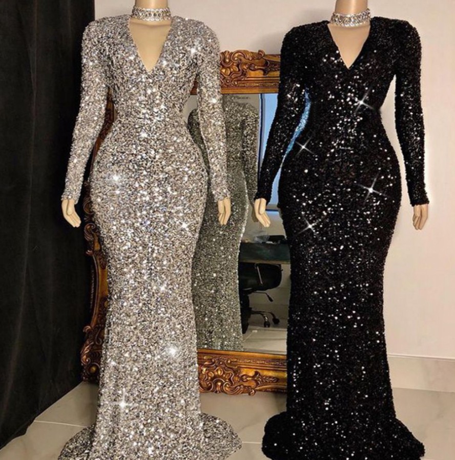 Sunny Sexy Mermaid Prom Dress 2024 V-neck Long Sleeve Sequins Satin African Women Black Girl Evening Formal Gowns For Party Vestidos De Fiesta robe so