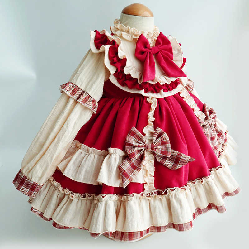Spring Dresses For Kids Girl 2021 Baby Little Girls Long Sleeve Red Vintage Lolita Princess Dress Clothes For Birthday Party Q0716