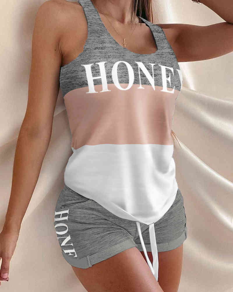 Spring Summer Women's Tank & Shorts Set Valentine's Day New Top & Short Pants Set Femme Heart Print Casual Homewear 210415