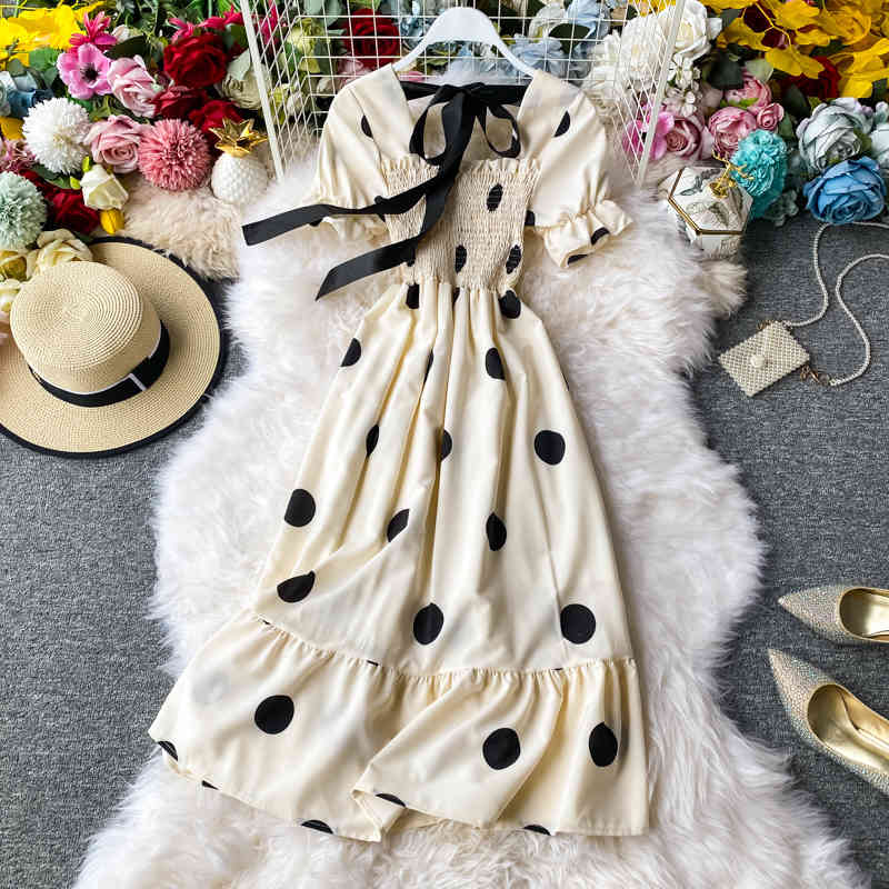 Dot Women Dress Summer Short Sleeve Bow Tie Sqaure Collar Vestidos Femme Korean High Waist Ruffle Dresses 210422