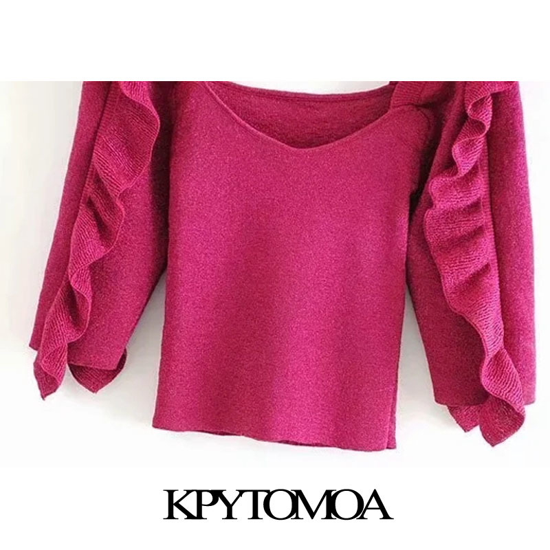 Women Fashion With Ruffle Trims Cropped Knitted Sweater V Neck Half Sleeve Female Pullovers Chic Tops 210420