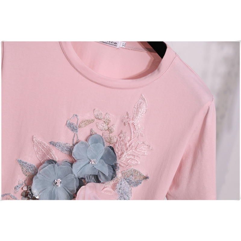 Summer Embroidery Beading Flower T Shirts Women O-Neck Short Sleeve Girl Tops T-shirts Floral Tee Shirt 210519