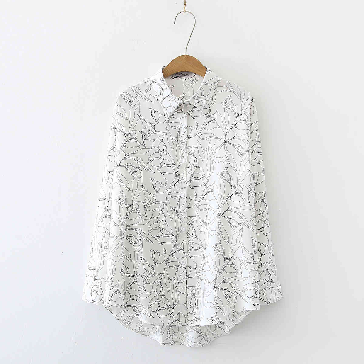 Women Shirts Blusas Feminine Spring Cotton Flower Long Sleeve Shirt Printing Pendulous Chiffon Top Female clothes 707G 210420