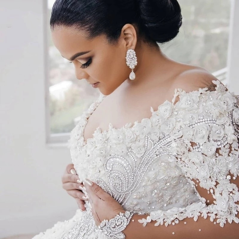 Cathedral Tail Princess Wedding Dresses Large Neck Beaded Crystal Lace floral Long Sleeve Arabic Dubai Bridal Gown Vestidos