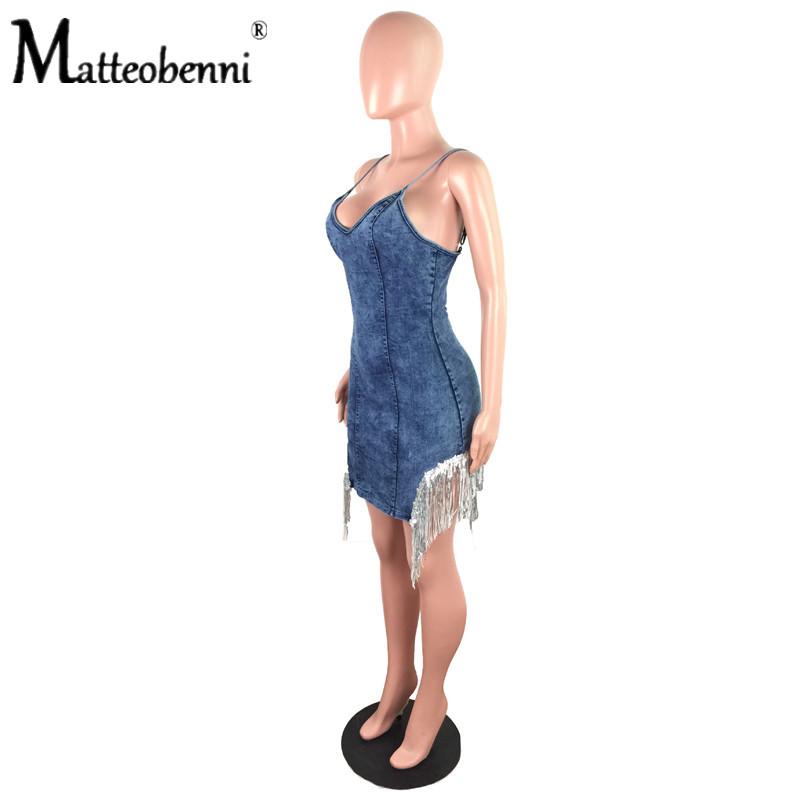 Sexy Stretch Denim Short Dress Ladies Deep V-Neck Lace Up Strap Bodycon Dresses Women Sparkly Silver Sequin Fringe Casual
