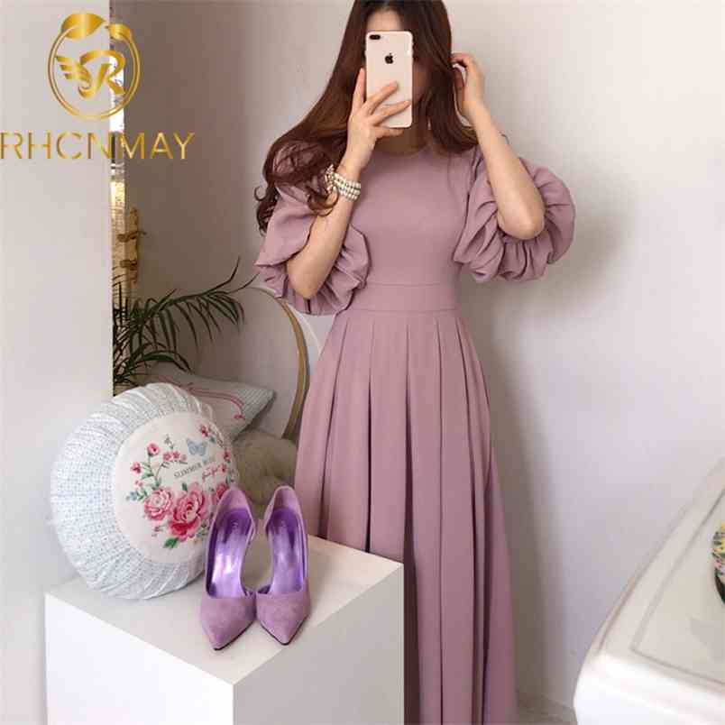 Korean Solid Casual Chic Elegant Women Dress Summer Vestido Round neck High waist Straps Lantern sleeves Pleated Long 210506