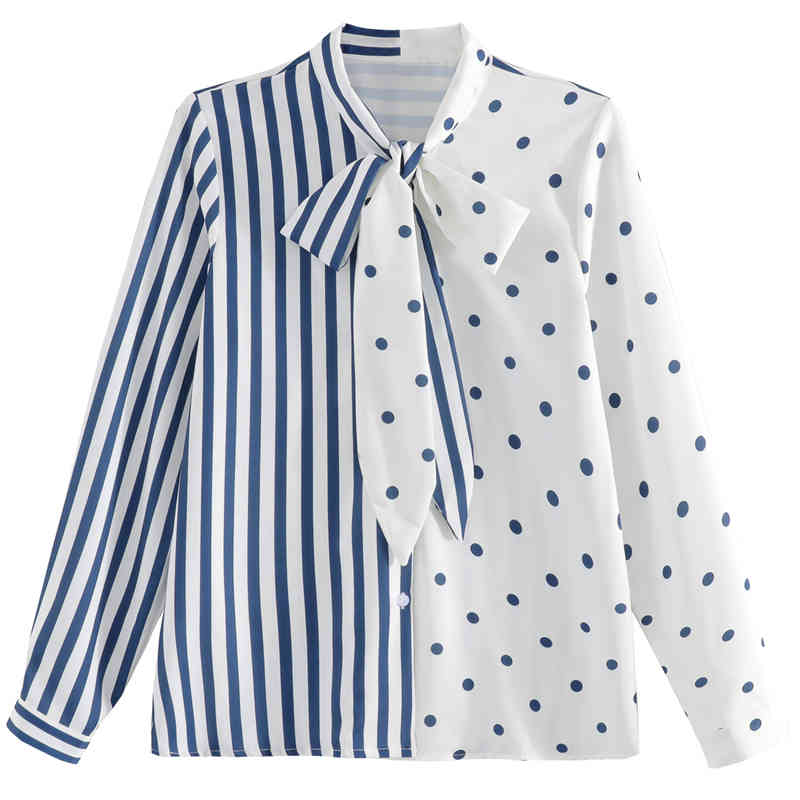 Autumn White Polka Dot Chiffon Women Blouse Casual Long Sleeve Striped Shirt Bow Button Cardigan Ladies Tops 10755 210518