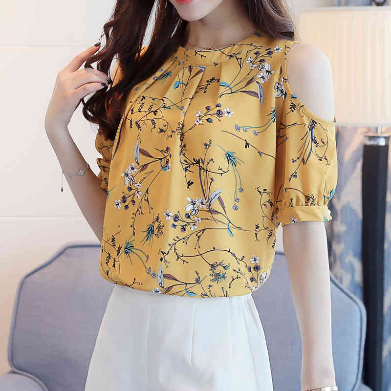 Small Fresh Korean Of Floral Female The Summer Fashion Dew Shoulder Chiffon Elegant Women Blouse 85A 30 210415