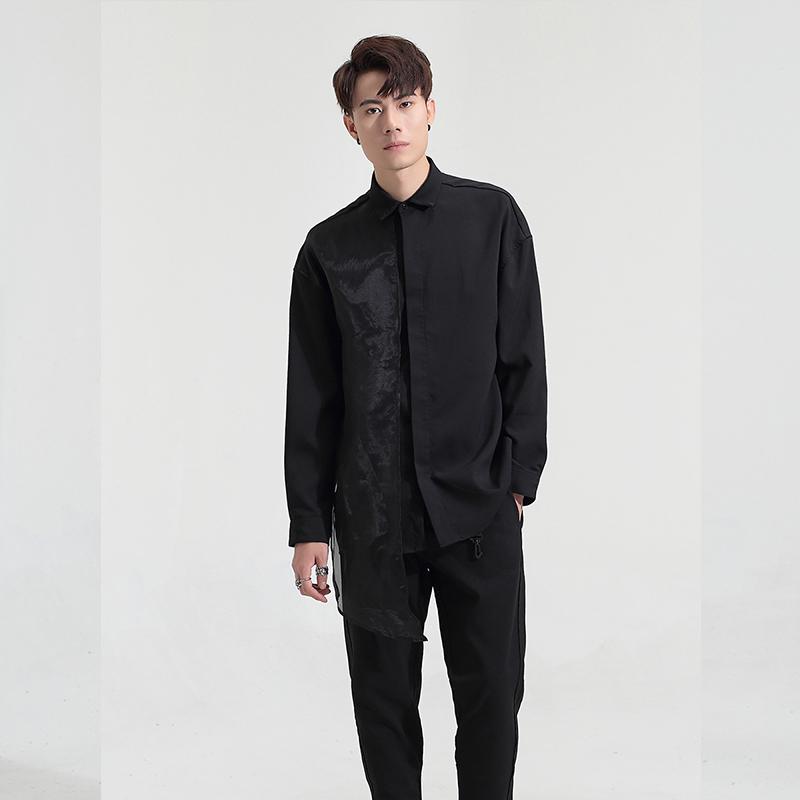 Dark Street Personality Irregular Mesh Patchwork Slim Black Shirt Long Sleeve Men Men's Casual Shirts