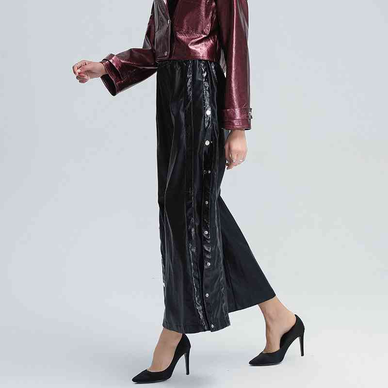 Casual PU Full Length Pant For Women High Waist Patchwork Loose Black Wide Leg Trousers Female Autumn Clothing 210521