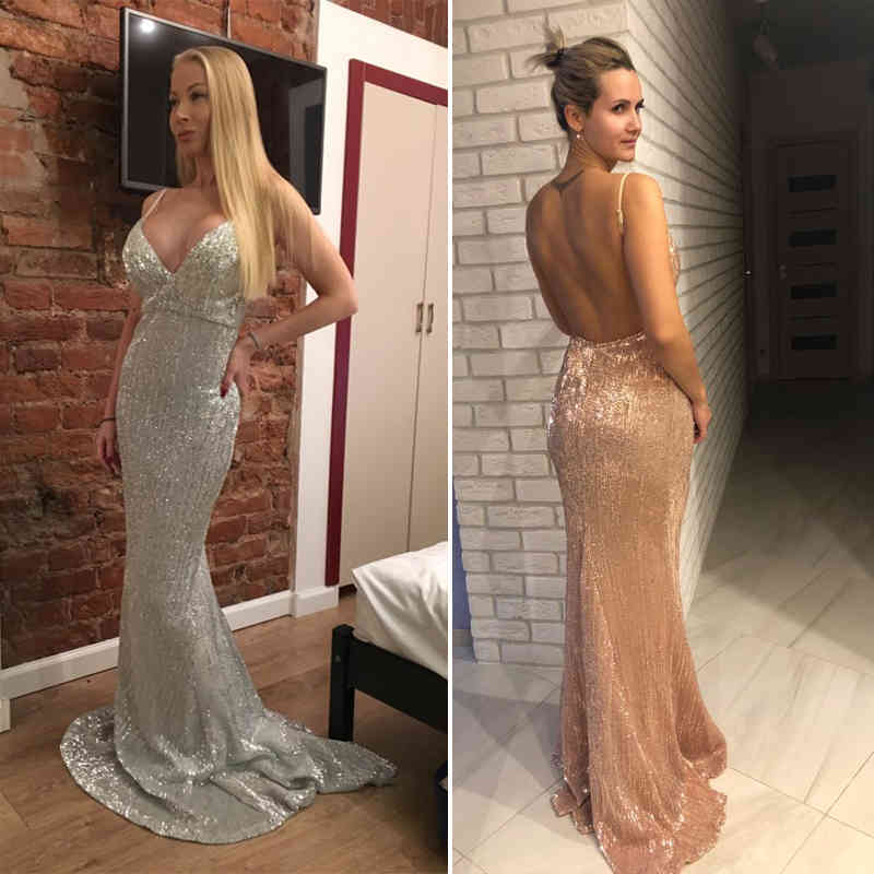 Sexy Silver Sequined Maxi Party Dress Stretch Floor Length Navy Sequins Backless Padded Bodycon V Neck Full Lining Black Dress 210409