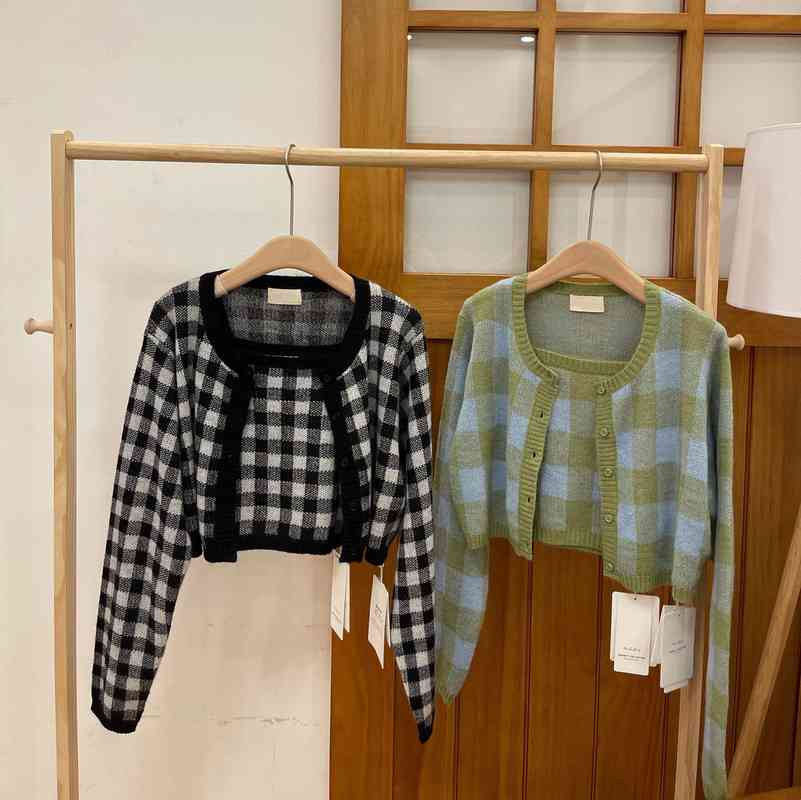 Jumpers O Neck Long Sleeve Contrast Sweater Black White Plaid Cardigan Jacket Sexy Crop Top Retro Japan Style Chic Sweet Fashion 210429