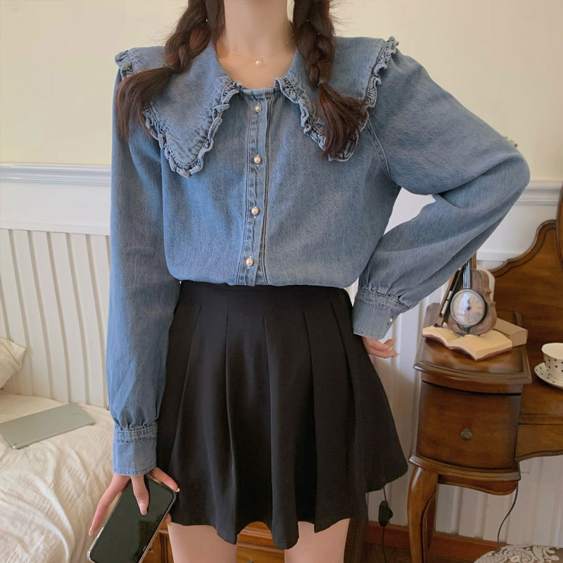 Arrival Spring Autumn Preppy Style Women Long Sleeve Loose Denim Shirts Peter Pan Collar Ruffles Cute Blouse Plus Size V90 210512
