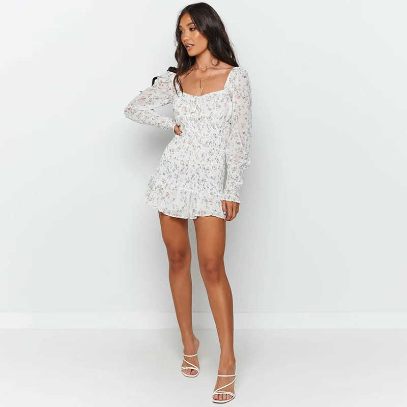 Summer Drawstring Square Neck Backless Puff Sleeve Floral Print Mini Dress Lady Chiffon Ruched Elastic Waist Ruffles White 210604