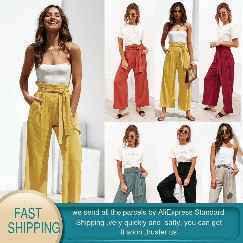 Casual Cotton Linen Pants Women Spring High Waist Wide Leg Summer Office Band Palazzo Trousers Black Yellow Loose 210428