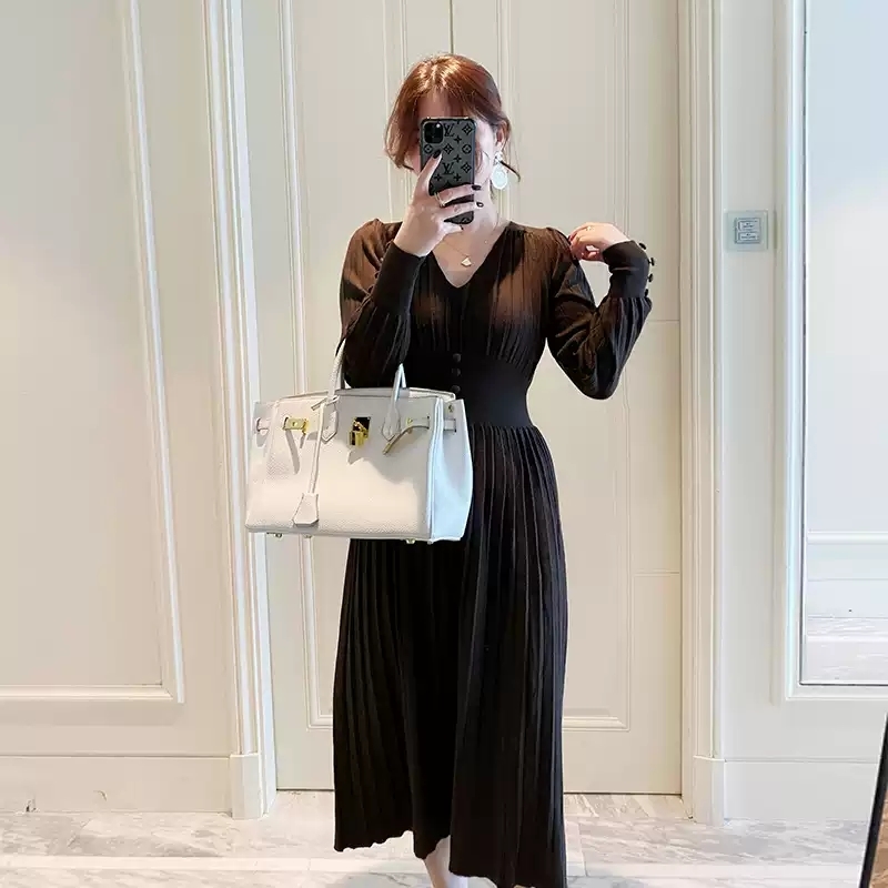 Winter Knitted Dress Women Casual Long Sleeve Office Sweater Dress Female V-neck Button Korean Style Autumn Chic 210521