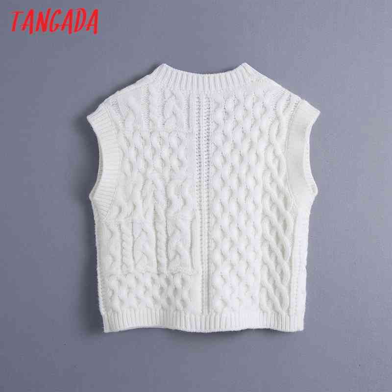 Women Vintage White Twist Oversized Knitted Vest Sweater Buttons Sleeveless Female Waistcoat Tops BE492 210416