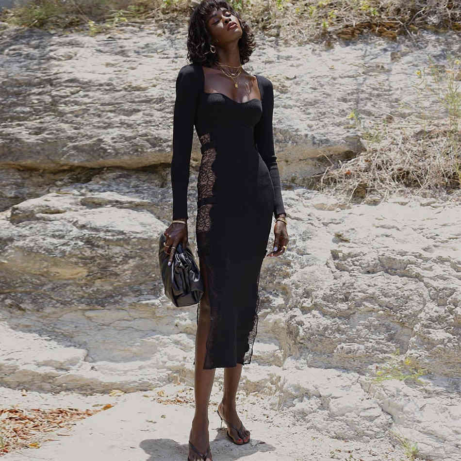 Winter Long Sleeve Lace Bandage Dress Women Sexy Hollow Out Black Bodycon Celebrity Evening Runway Party Dresses 210423